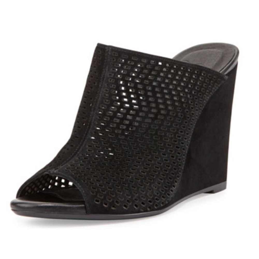 Joie Kellie Black Perforated Suede Peep Toe Wedge Heel Sandals 39 8-8.5